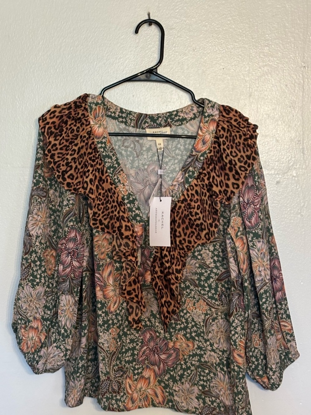 KACHEL x anthology Green Floral Blouse with Leopard Ruffle Trim
